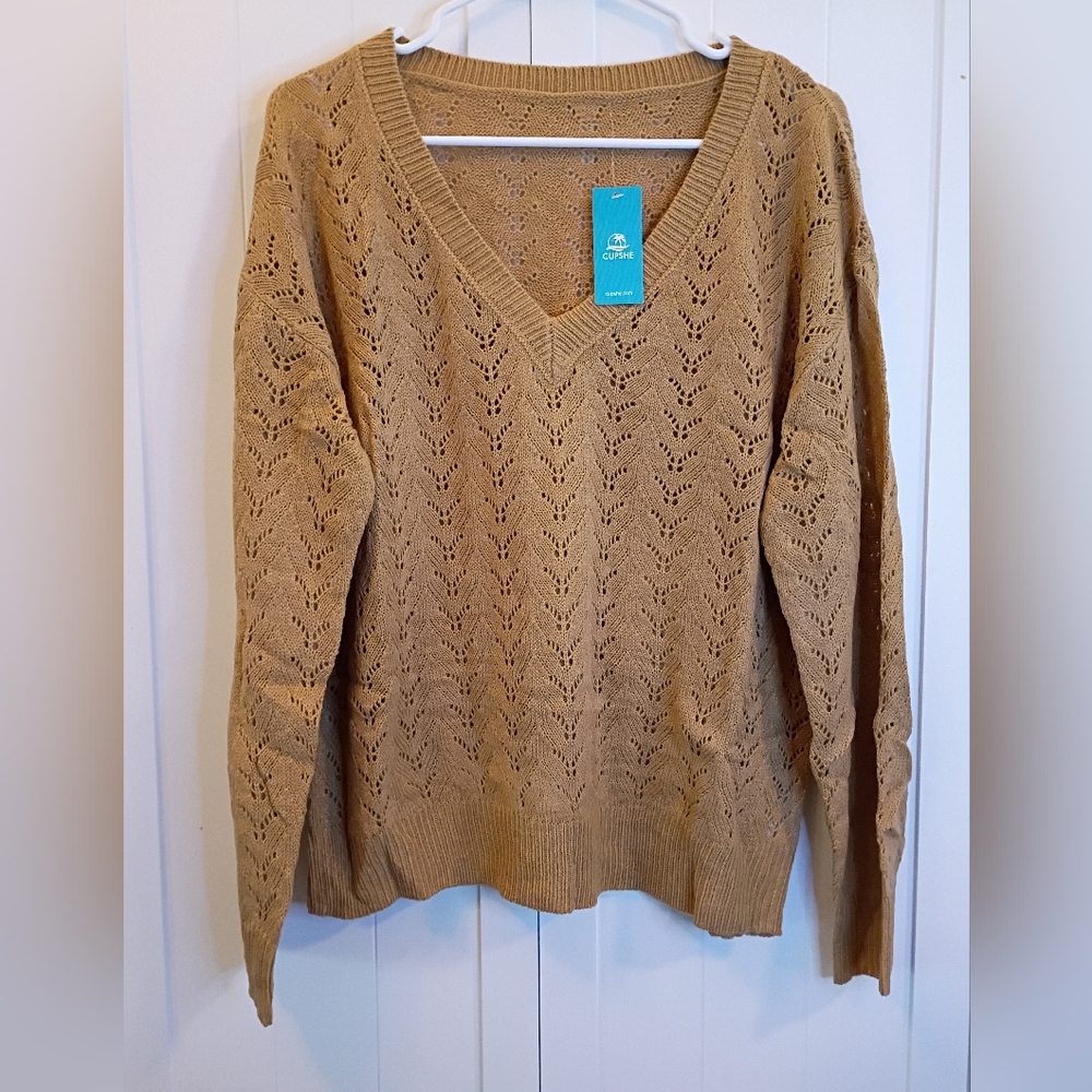 Cupshe Mustard Knit V‑Neck Openwork Sweater